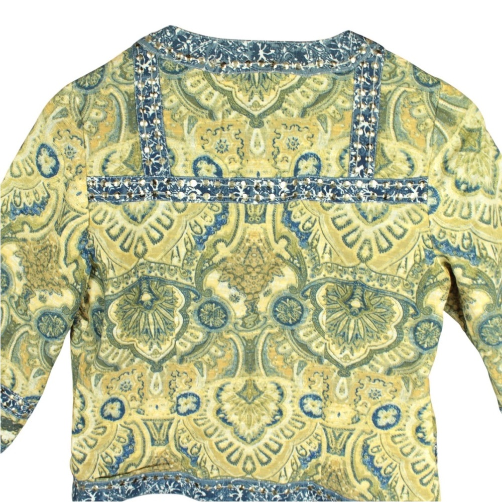 Chico's Women blazer Jacket embellished tan blue open lined Size 0 Beaded Boho - Picture 3 of 11